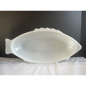 Vintage Glasbake White Glass Fish Shaped Bakeware Casserole 18" x 8 1/2"